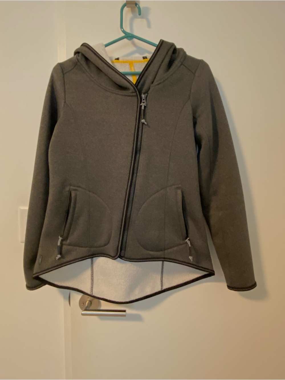 Lole Grey Asymmetrical Fleece Hooded Jacket with Sherpa Lining
